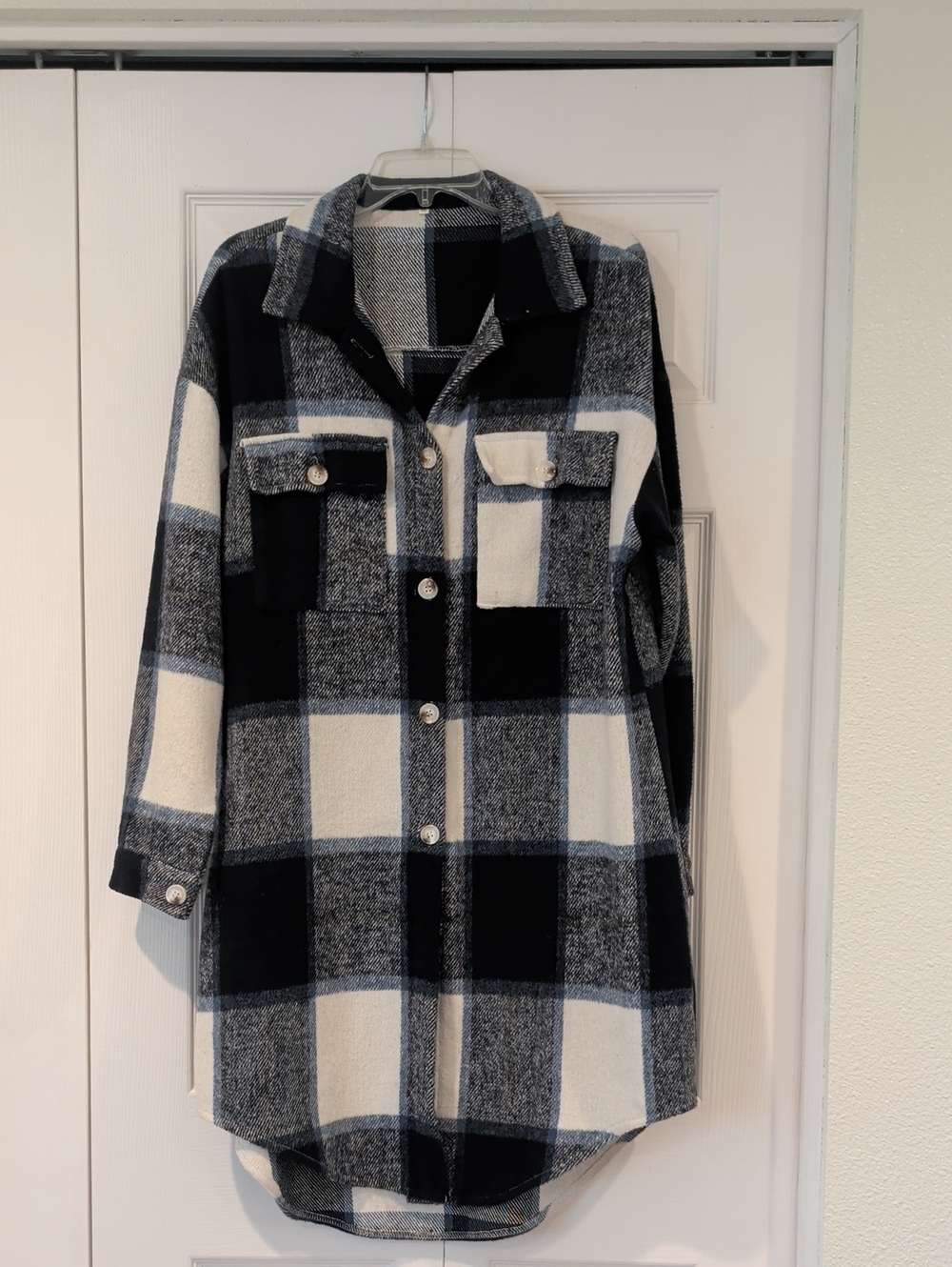 Long Navy & White Plaid Shacket Jacket
